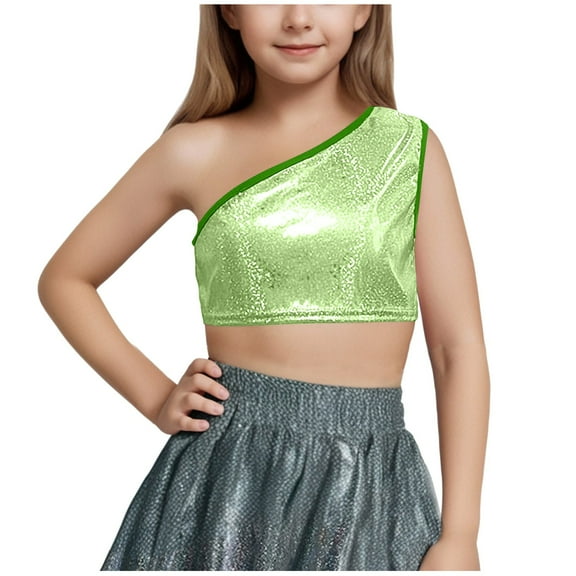Taqqpue Kids Girls One-Shoulder Sequins Dance Vest Solid Color Jazz Hip Hop Stage Performance Tank Crop Tops Clothes Dancewear for Girls 3-16Y