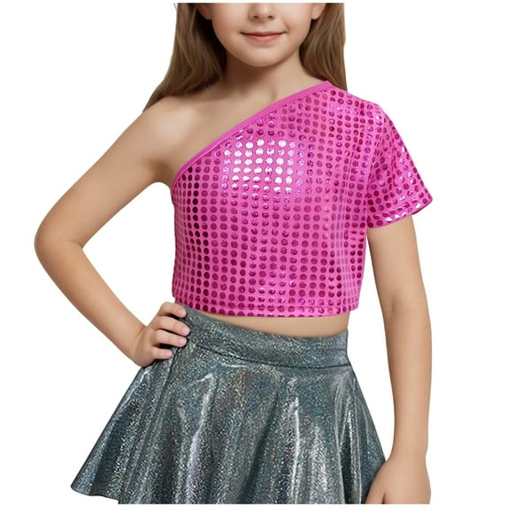 Taqqpue Kids Girls One-Shoulder Sequins Dance Vest Solid Color Jazz Hip Hop Stage Performance Tank Crop Tops Clothes Dancewear for Girls 3-16Y