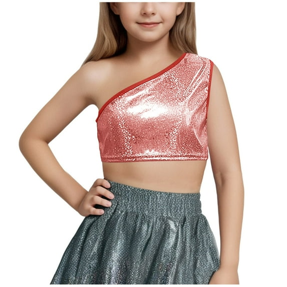 Taqqpue Kids Girls One-Shoulder Sequins Dance Vest Solid Color Jazz Hip Hop Stage Performance Tank Crop Tops Clothes Dancewear for Girls 3-16Y
