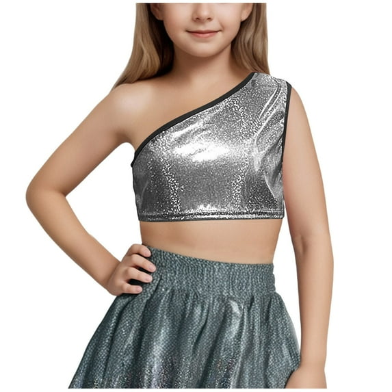 Taqqpue Kids Girls One-Shoulder Sequins Dance Vest Solid Color Jazz Hip Hop Stage Performance Tank Crop Tops Clothes Dancewear for Girls 3-16Y