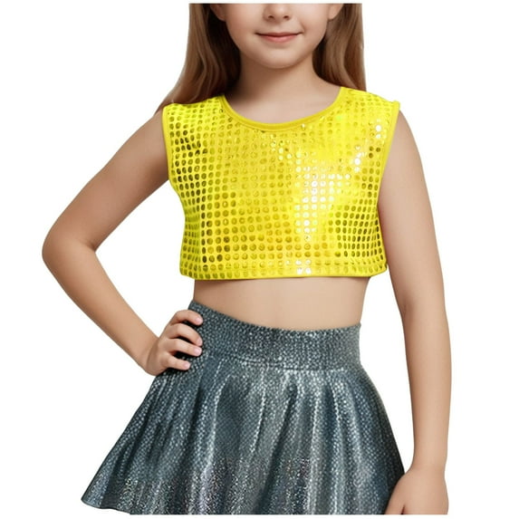 Taqqpue Kids Girls Sequins Dance Sleeveless Round Neck Crop Tops Athletic Shirts Jazz Hip Hop Stage Performance Tank Vest Dancewear