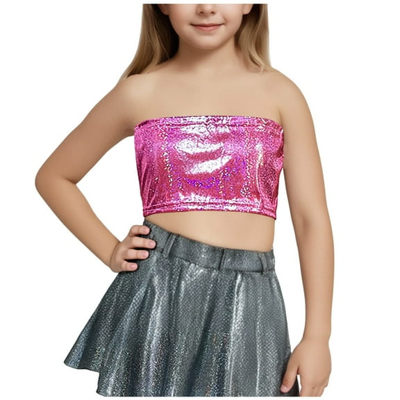 Taqqpue Kids Girls Sleeveless Sequins Dance Vest Solid Color Jazz Hip Hop Stage Performance Tank Crop Tops Clothes Dancewear for Girls 3-16Y