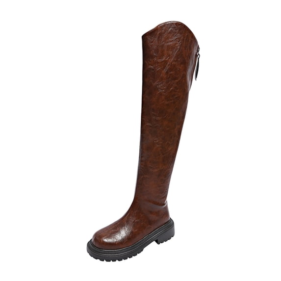Taqqpue Knee High Boots Women Faux Leather Elastic Boots Low Heel Square Toe Side Zipper Fall Long Tall Boots for Women