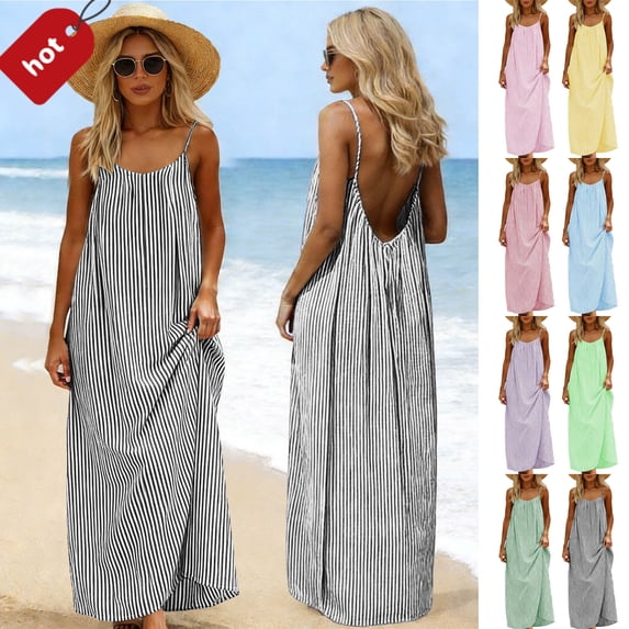Taqqpue Linen Backless Cami Dress,Plaid Print Sleeveless for Women Flowy Maxi Dresses Summer Beach Vacation Casual Long Sundress