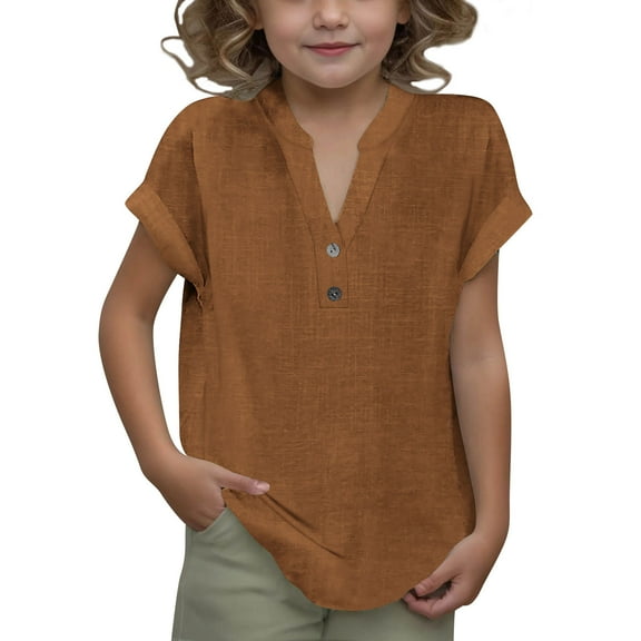 Taqqpue Linen Shirts for Girls Summer Casual Button v Neck Blouses 2025 Kids Loose Fit Retro Shirts Trendy Lightweight Solid Short Sleeve Tops