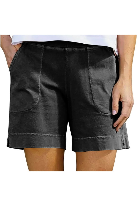 Linen Shorts for Women High Waisted Dressy Casual Summer Elastic Waist Comfy Rolled Hem Stretch Twill Shorts Solid Color Cargo Shorts with Pockets