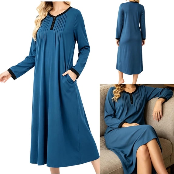 Taqqpue Long Nightgowns for Women Plus Size Cotton House Dress Short Sleeve Night Gown Pleated Full Length Loungwear