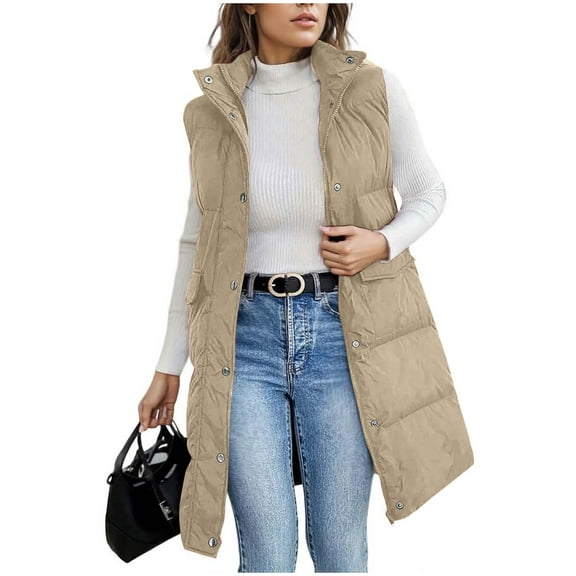Taqqpue Long Puffer Vest Women Lightweight Down Vest with Hood Winter Warm Womens Button Zipper Vests Outerwear Sleeveless Puffer Jacket