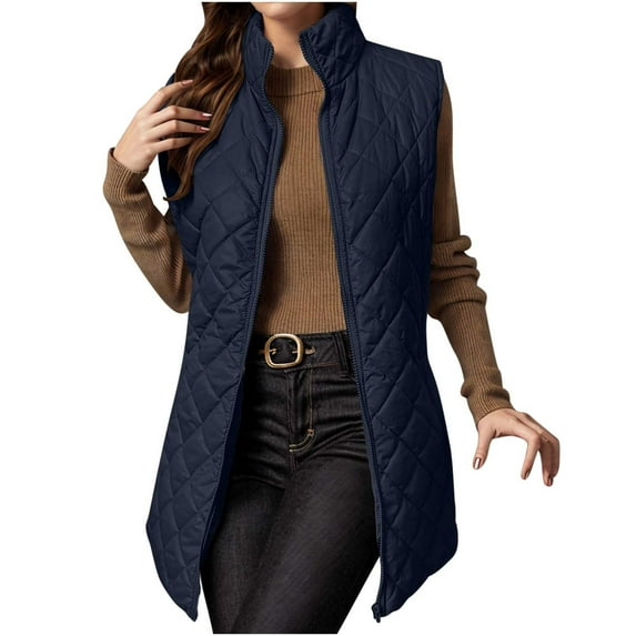 Taqqpue Long Puffer Vest for Women Sleeveless Winter Long Vest Solid Color Lightweight Winter Keep Warm Zip Up Jacket Coats for Women