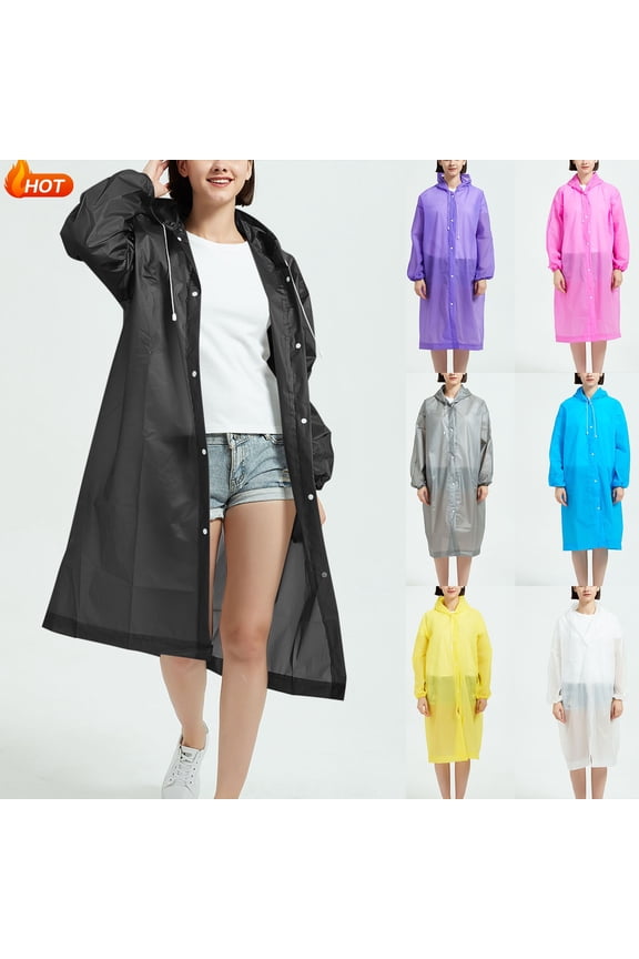 Long Rain Coat for Women Men, Solid Color Lightweight Button Outdoor Waterproof Raincoat with Hood, Packable Rain Jacket Windbreaker with Pockets