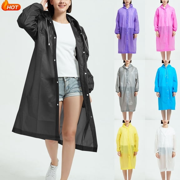 Taqqpue Long Rain Coat for Women Men, Solid Color Lightweight Button Outdoor Waterproof Raincoat with Hood, Packable Rain Jacket Windbreaker with Pockets