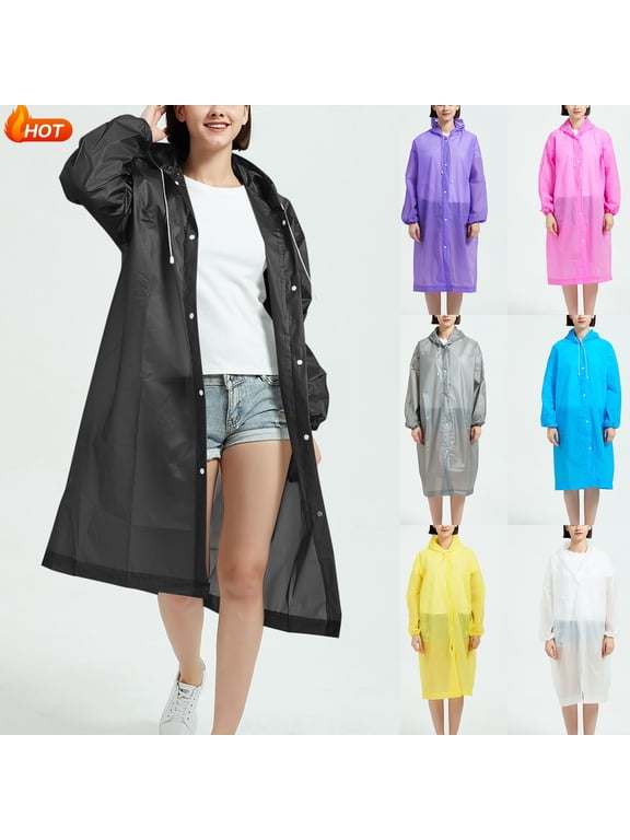 Long Rain Coat for Women Men, Solid Color Lightweight Button Outdoor Waterproof Raincoat with Hood, Packable Rain Jacket Windbreaker with Pockets
