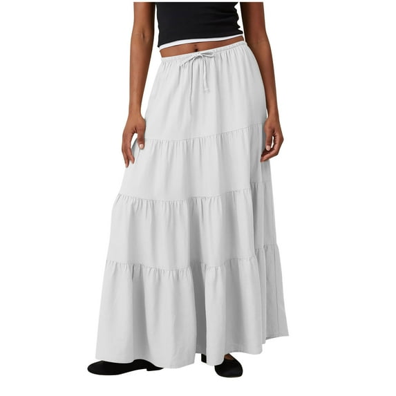Taqqpue Long Skirts for Women High Elastic Waist Skirt Casual Summer Fake Drawstring Floral Pleated A Line Boho Cute Skirts Loose Flowy Solid Color Comfy Drawstring Skirts