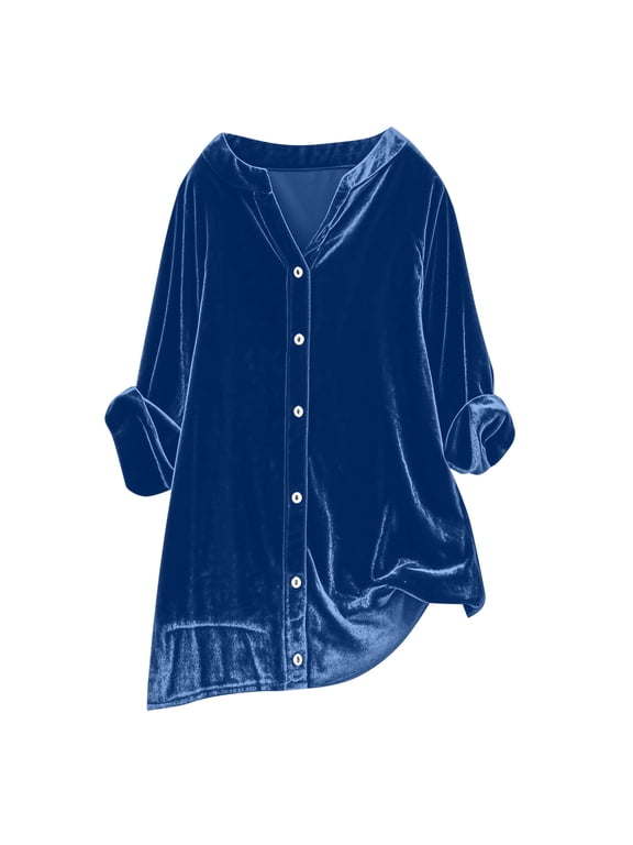 Long Sleeve Button Down Shirts for Women Plus Size V Neck Long T Shirt Loose Pleated Swing Blouses Flowy Solid Color Velvet Tunic Tops for Women S-XXXXXL