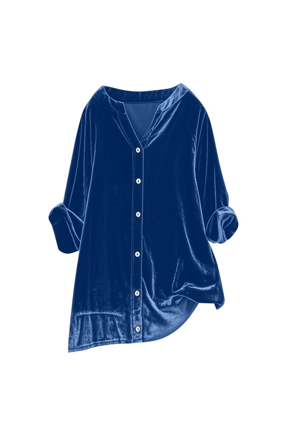 Long Sleeve Button Down Shirts for Women Plus Size V Neck Long T Shirt Loose Pleated Swing Blouses Flowy Solid Color Velvet Tunic Tops for Women S-XXXXXL