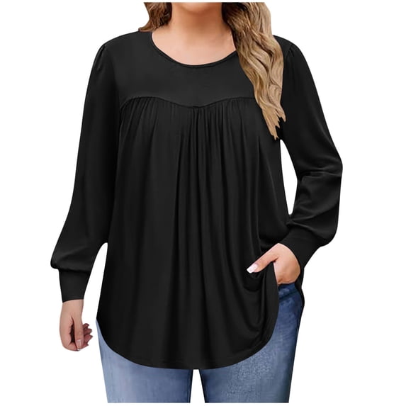 Taqqpue Long Sleeve Shirts for Women Casual Solid Color Round Neck T Shirts Fall Loose Fit Plus Size Pullover Tops