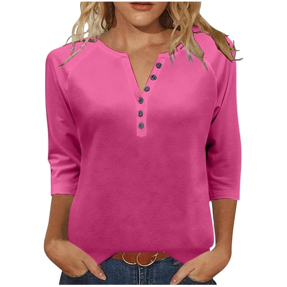 Taqqpue Long Sleeve Shirts for Women Casual Solid Color V Neck Button T Shirts Fall Winter Plus Size Blouse Tops