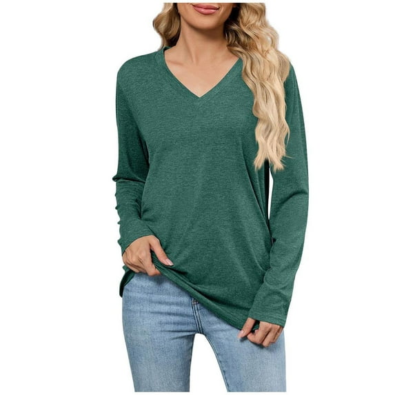 Taqqpue Long Sleeve Shirts for Women Casual Solid Color V Neck T Shirts Loose Fit Quick Dry Plus Size Tunic Tops for Running Workout