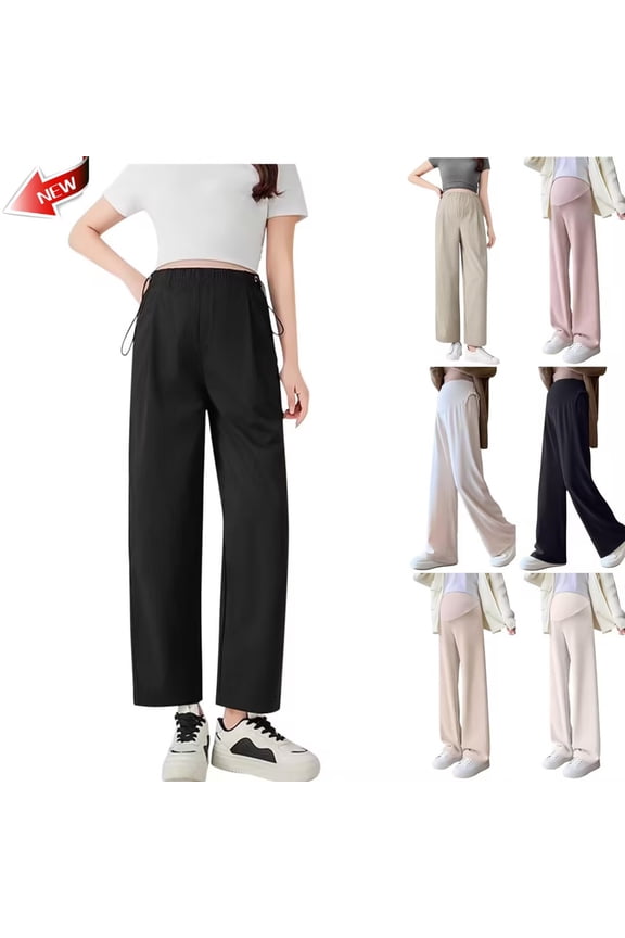 Women's Maternity Dress Pants Solid Color Over The Belly Stretchy Work Slack Pregnancy Pants Wide Leg Lounge Trousers with Pockets for Women
