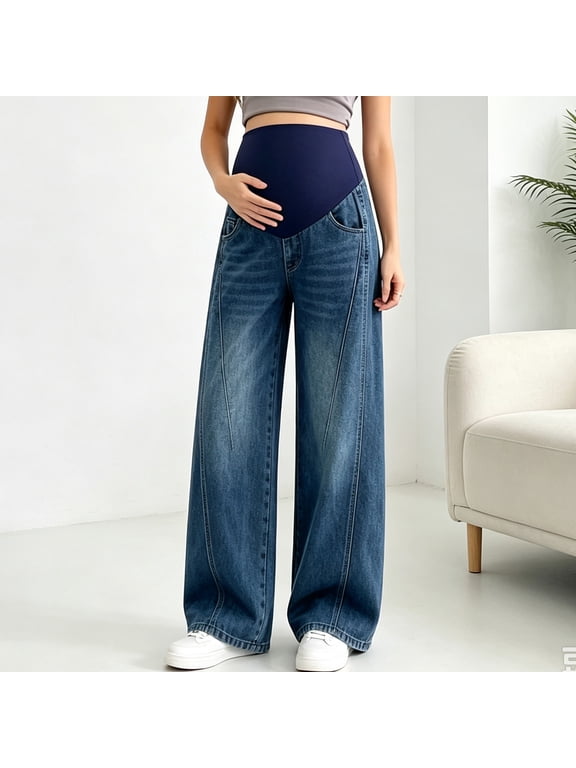 Maternity Jeans Straight Leg Pregnancy Wide Leg Denim Pants Stretchy Denim, Over Bump Support, Pockets, Loose Fit, Pregnancy Pants for Work, Trendy Spring Fall Maternity Clothes