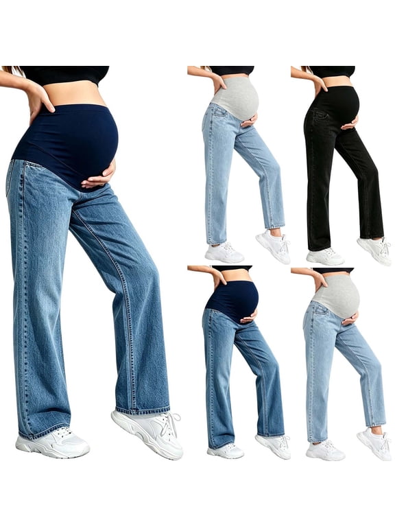 Maternity Jeans Wide Leg Loose Pregnancy Denim Pants Over The Belly Support, Soft Stretchy Denim, Relaxed Fit, Pockets, Pregnancy Mom Jeans, Work Casual Trendy Maternity Clothes