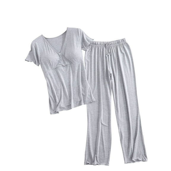 Taqqpue Maternity Lounge Set 2 Piece Maternity Outfit Solid Color Crew Neck Short Sleeve Shirts and Wide Leg Pants Pregnancy Summer Clothes