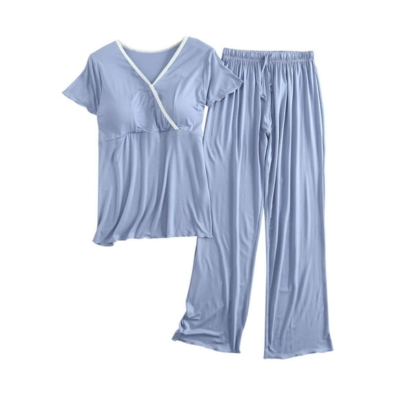 Taqqpue Maternity Lounge Set 2 Piece Maternity Outfit Solid Color Crew Neck Short Sleeve Shirts and Wide Leg Pants Pregnancy Summer Clothes