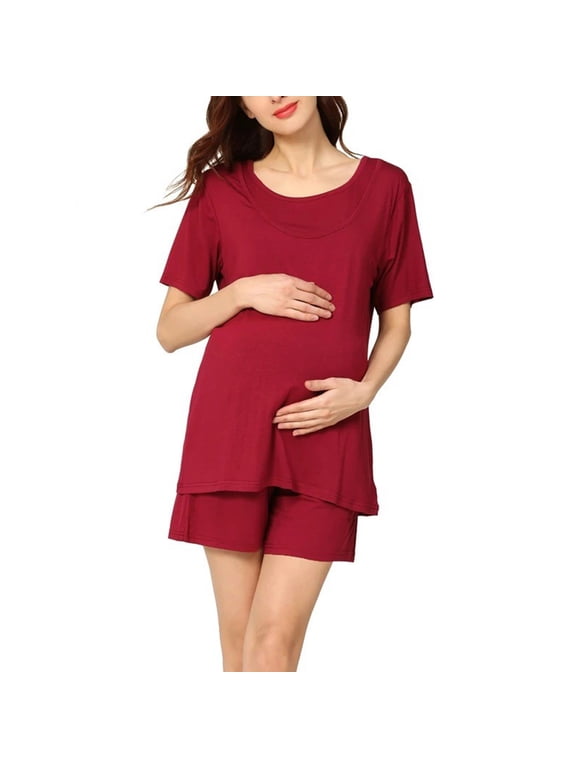 Maternity Lounge Set 2 Piece Maternity Outfit Solid Color Crew Neck Short Sleeve T Shirts and Wide Leg Shorts Pregnancy Summer Clothes
