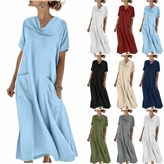 Taqqpue Maxi Dress for Women Short Sleeve Crew Neck Layered Ruffle Boho Casual Flowy Long Dresses Solid Color T Shirt Dress Beach Vacation A Line Sundress for Women