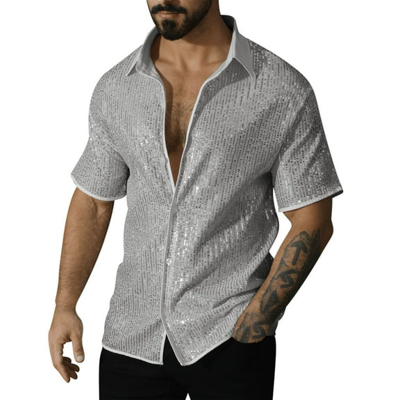 Taqqpue Men Dress Shirt Sequins Short Sleeve Button Down Shirt Luxury Disco Party Nightclub Christmas Prom Costume
