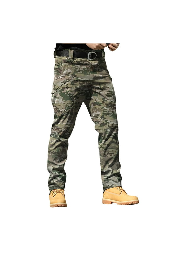 Men's Camo Cargo Pants Summer Elastic Waist Drawstring Military Army Long Trousers Relaxed Fit Casual Work Pants with Multi Pockets