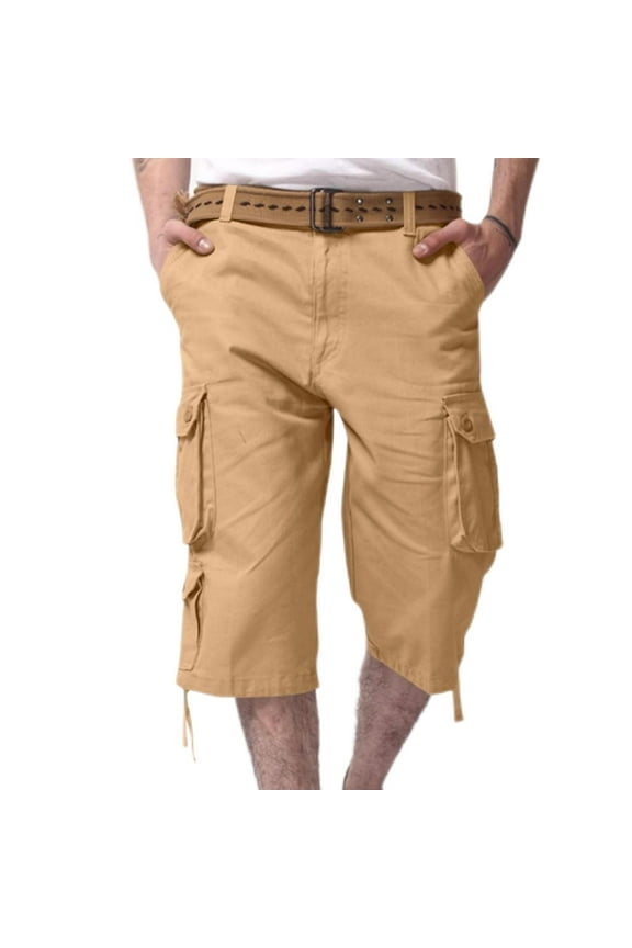 Men's Cargo Shorts 3/4 Relaxed Fit Work Shorts 7 Pockets Cotton Elastic Waist Summer Hiking Shorts Knee Capri Cargo Shorts