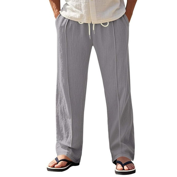 Taqqpue Men's Casual Cotton Linen Pants Solid Color Elastic Waist Drawstring Straight Wide Leg Cargo Pants Quick-Dry Outdoor Long Pants with Pockets