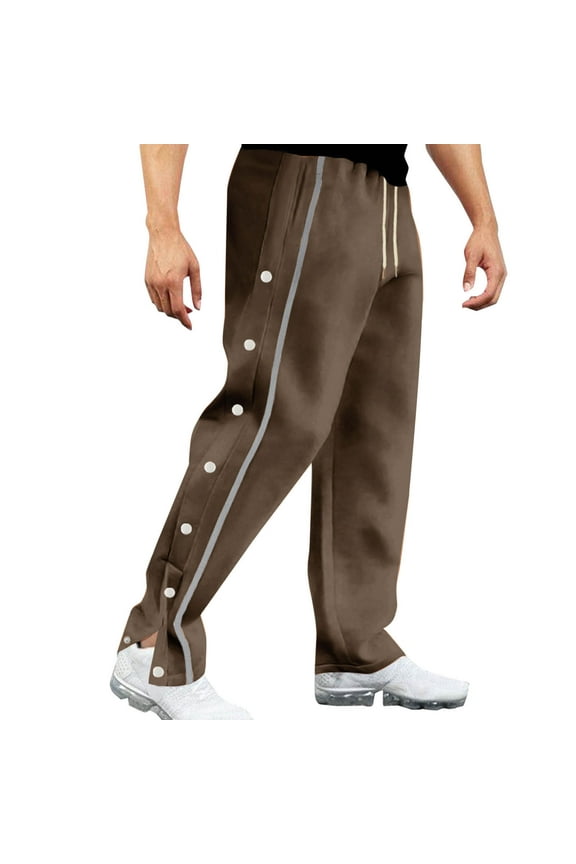 Men's Casual Cotton Pants Solid Color Elastic Waist Drawstring Tear Away Pants High Split Snap Button Long Trousers with Pockets for Basketball