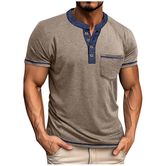 Taqqpue Men's Casual T-Shirt Short Sleeve Solid Color Buttons Crewneck Shirt Pullover Blouse Top with Pocket