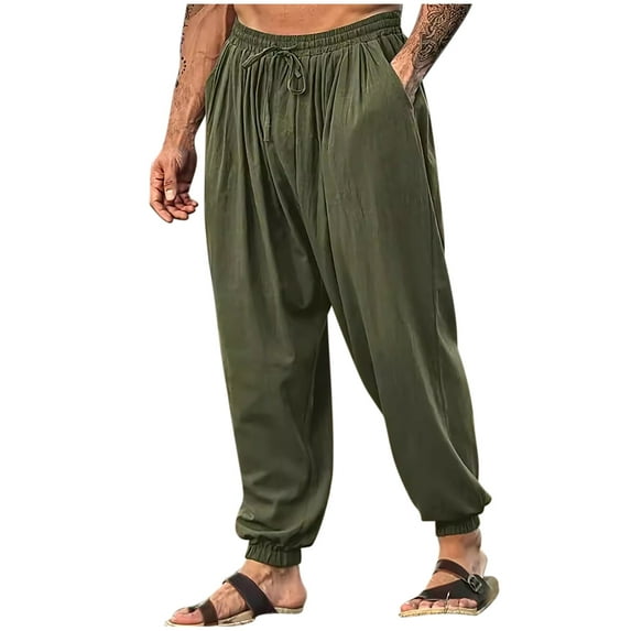 Taqqpue Men's Cotton Linen Harem Pants Drawstring Casual Long Trousers Lightweight Loose Yoga Pants with Pockets