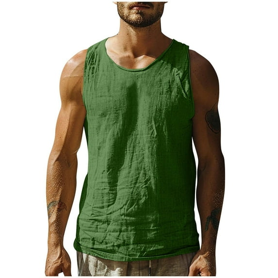 Taqqpue Men's Cotton Linen Tank Tops Casual Crew Neck Sleeveless Running Shirts Quick Dry Summer Solid Color Beach T Shirts for Training Sports Gym Athletic