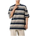 thumbnail image 1 of Taqqpue Men's Cotton Striped Shirts 3/4 Sleeve Oversized Harajuku Loose Crew Neck Summer Casual Streetwear Pullover Tee Tops, 1 of 5
