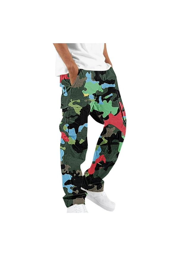 Men's Drawstring Elastic Waist Cargo Pants Casual Straight Legs Military Army Camo Cotton Work Pants Relaxed Fit Stretch Long Trousers with Pockets