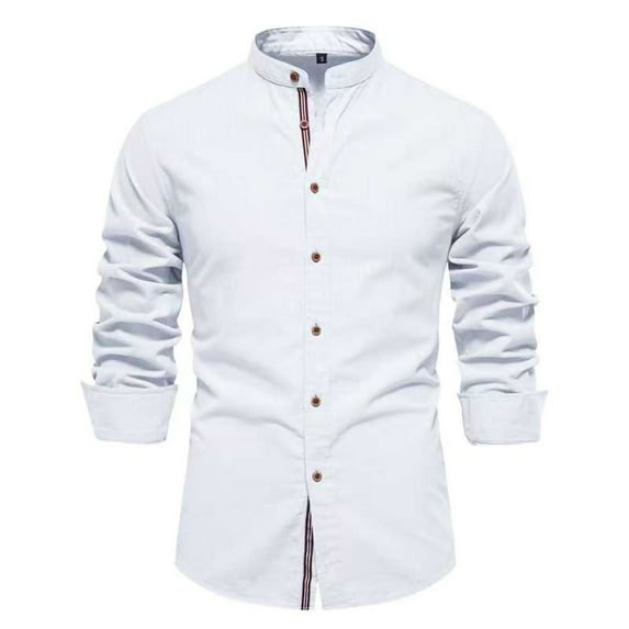 Taqqpue Men's Dress Shirts Long Sleeve Button Down Shirt Regular Fit Band Collar Solid Business Work Wedding Shirts