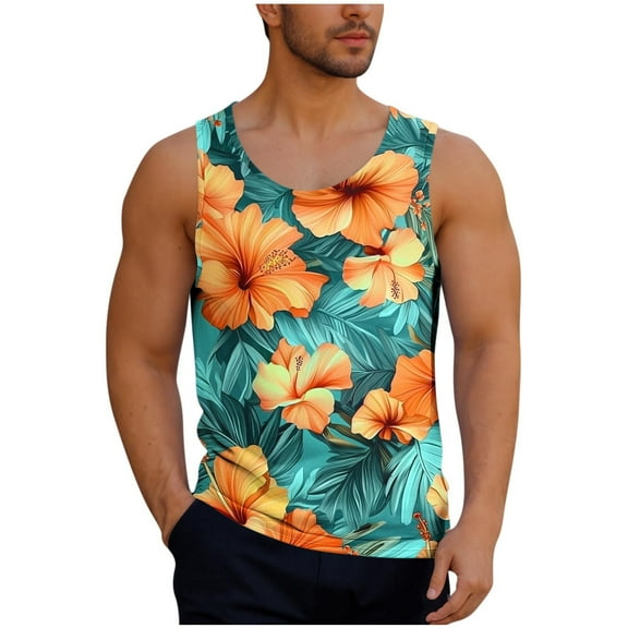 Taqqpue Men's Floral Tank Tops Crew Neck Sleeveless Tees Quick Dry All Over Print Casual Sport T-Shirts Hawaii Beach Vacation