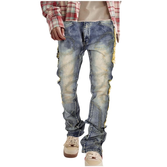 Taqqpue Men's Jeans Embroidered Flared Relaxed Fit Stretch Jeans Fashion Straight Leg Comfort Denim Trousers for Casual & Streetwear