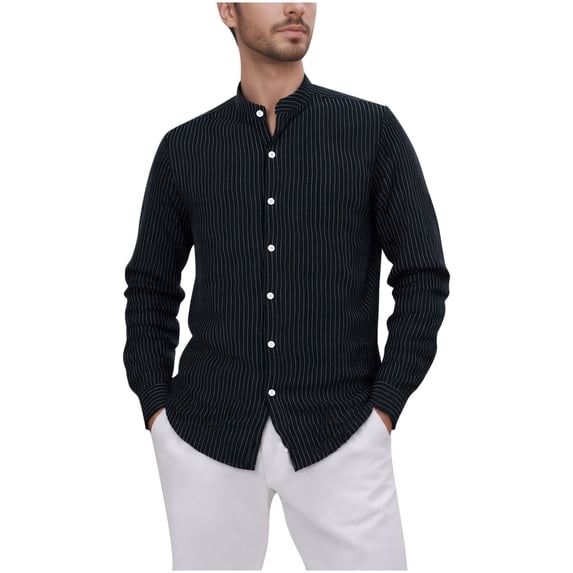 Taqqpue Men's Linen Shirts Casual Button Down Long Sleeve Shirt Striped Band Collar Dress Business Work Shirts