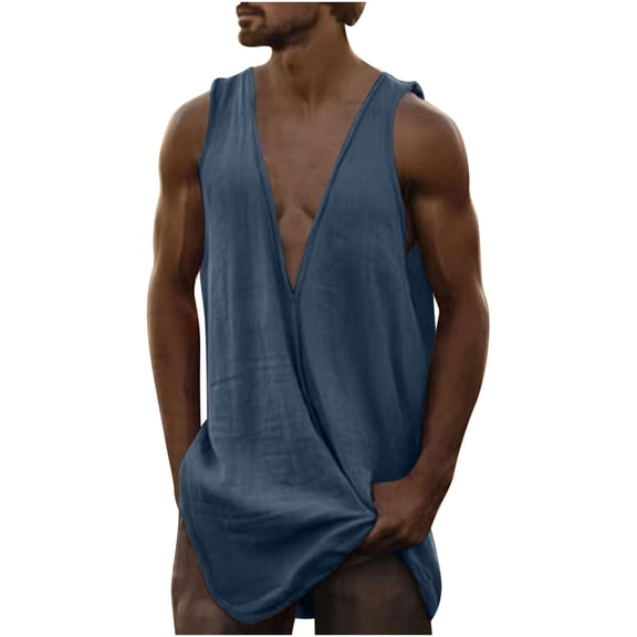 Taqqpue Men's Linen Tank Tops Solid Color V Neck Sleeveless Shirt Casual Textured Summer Beach Plus Size Tank Shirts with Pockets
