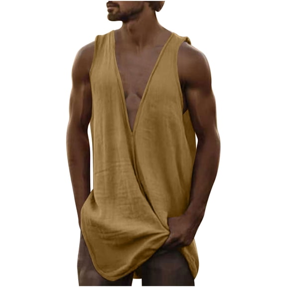 Taqqpue Men's Linen Tank Tops Solid Color V Neck Sleeveless Shirt Casual Textured Summer Beach Plus Size Tank Shirts with Pockets