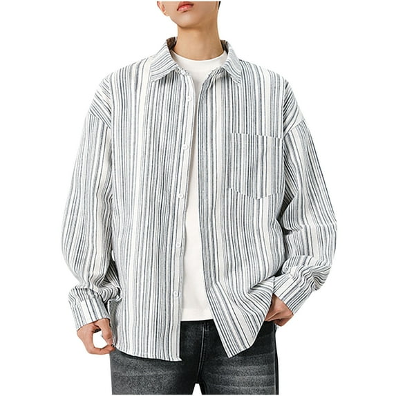 Taqqpue Men's Long Sleeve Button Down Shirts Striped Plus Size Casual Shirt Collared Loose Regular Fit Shirts with Pocket S-5XL