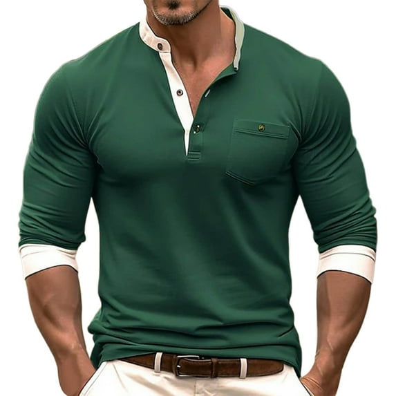 Taqqpue Men's Long Sleeve Shirts Casual Solid Color V Neck Button T Shirts Quick Dry Lightweight Performance Work Plus Size Blouse Tops with Pockets