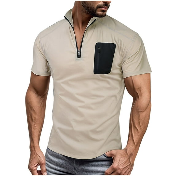Taqqpue Men's Summer Shirts Lightweight Casual Half Zipper Short Sleeve T-Shirts Breathable Banded for Beach Vacation Tee Tops with Pocket