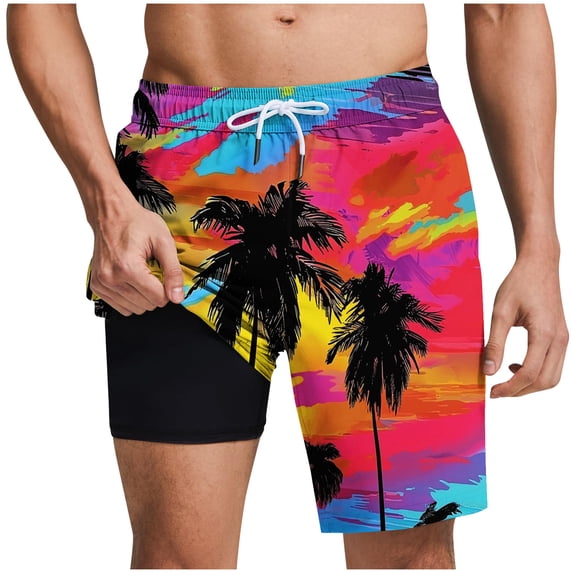 Taqqpue Men's Swim Trunks Hawaiian Stretch Quick Dry Bathing Suits Casual Summer Elastic Waist Drawstring Beach Shorts with Compression Liner