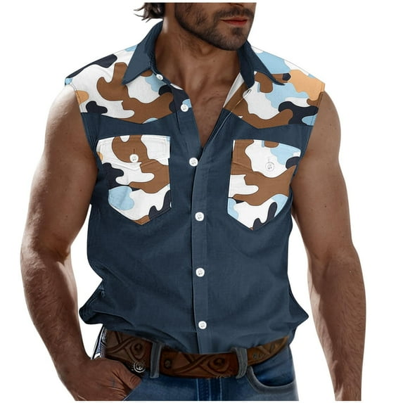 Taqqpue Men's Tank Tops Cotton Sleeveless Button Down Camouflage Shirts Vests Loose Fit Quick Dry Workout Beach Tee Tops with Pockets